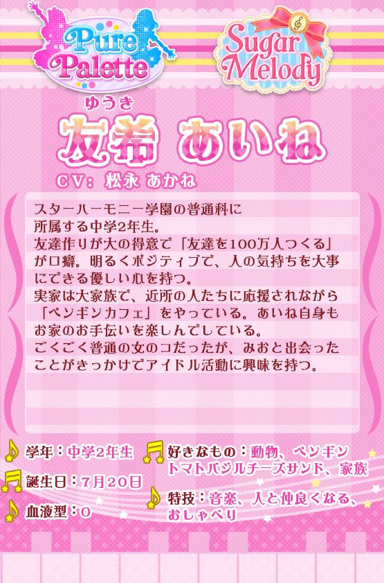 友希あいね：スターハーモニー学園の普通科に所属する中学2年生。友達作りが大の得意で「友達を100万人つくる」が口癖。明るくポジティブで、人の気持ちを大事にできる優しい心を持つ。実家は大家族で、近所の人たちに応援されながら「ペンギンカフェ」をやっている。あいね自身もお家のお手伝いを楽しんでしている。ごくごく普通の女のコだったが、みおと出会ったことがきっかけでアイドル活動に興味を持つ。