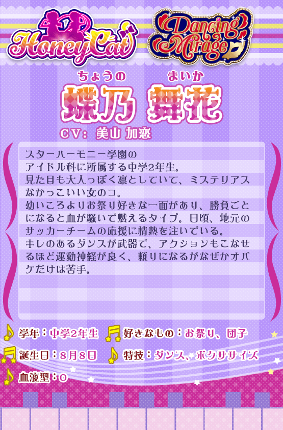 蝶乃舞花：スターハーモニー学園のアイドル科に所属する中学2年生。見た目も大人っぽく凛としていて、ミステリアスなかっこいい女のコ。幼いころよりお祭り好きな一面があり、勝負ごとになると血が騒いで燃えるタイプ。日頃、地元のサッカーチームの応援に情熱を注いでいる。キレのあるダンスが武器で、アクションもこなせるほど運動神経が良く、頼りになるがなぜかオバケだけは苦手。