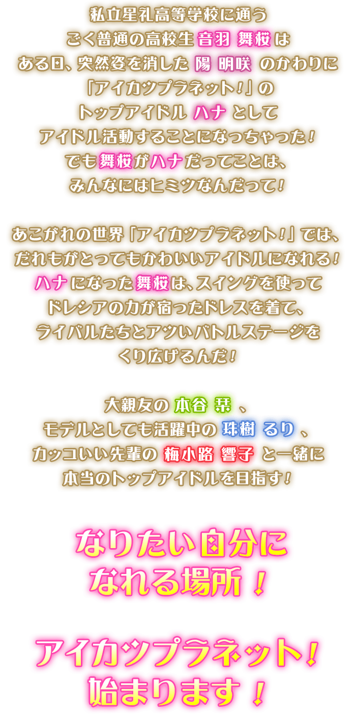 私立星礼高等学校に通うごく普通の高校生 音羽 舞桜はある日、突然姿を消した 陽 明咲 のかわりに「アイカツプラネット！」のトップアイドル ハナ としてアイドル活動することになっちゃった！でも舞桜がハナだってことは、みんなにはヒミツなんだって！あこがれの世界「アイカツプラネット！」では、だれもがとってもかわいいアイドルになれる！ハナになった舞桜は、スイングを使ってドレシアの力が宿ったドレスを着て、ライバルたちとアツいバトルステージをくり広げるんだ！大親友の 本谷 栞 、モデルとしても活躍中の 珠樹 るり 、カッコいい先輩の 梅小路 響子 と一緒に本当のトップアイドルを目指す！なりたい自分になれる場所！アイカツプラネット！始まります！