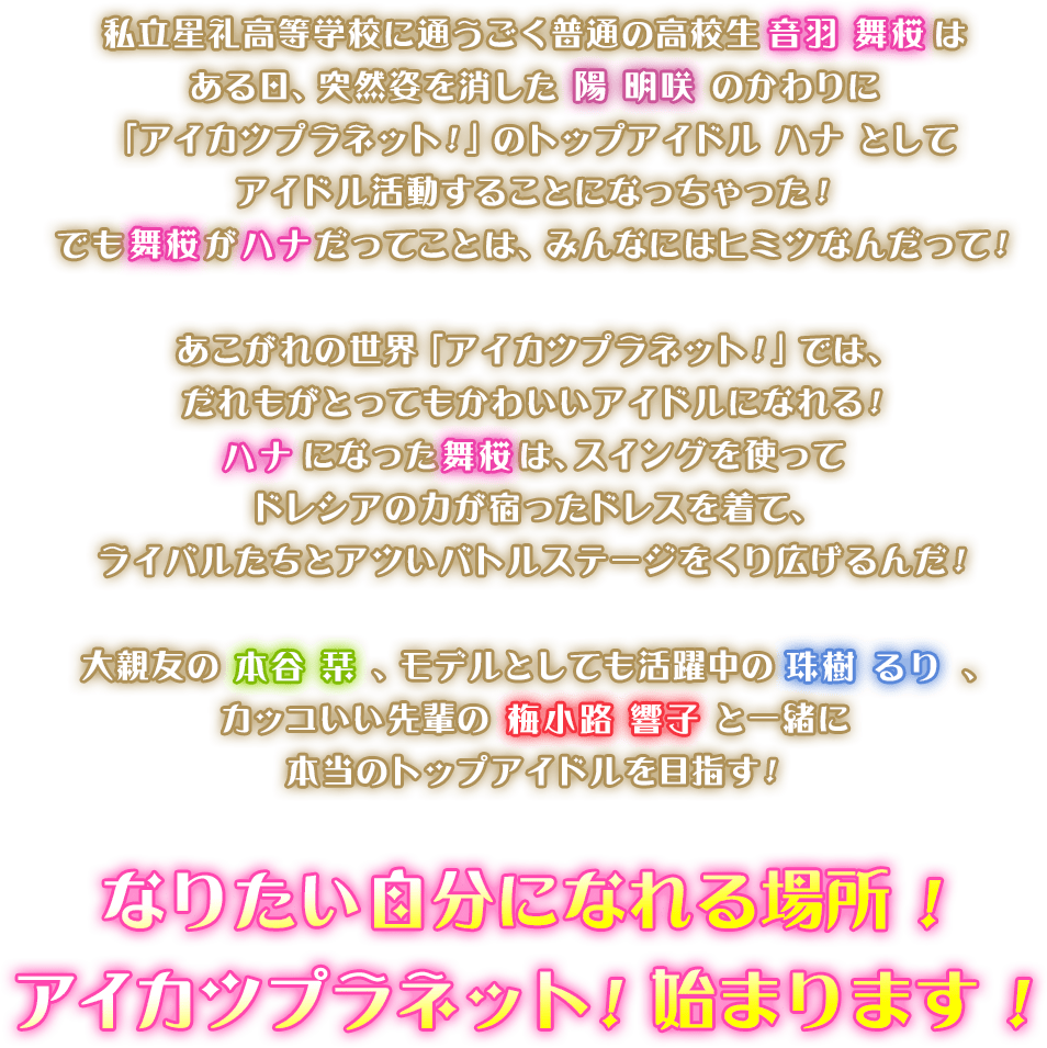 私立星礼高等学校に通うごく普通の高校生 音羽 舞桜はある日、突然姿を消した 陽 明咲 のかわりに「アイカツプラネット！」のトップアイドル ハナ としてアイドル活動することになっちゃった！でも舞桜がハナだってことは、みんなにはヒミツなんだって！あこがれの世界「アイカツプラネット！」では、だれもがとってもかわいいアイドルになれる！ハナになった舞桜は、スイングを使ってドレシアの力が宿ったドレスを着て、ライバルたちとアツいバトルステージをくり広げるんだ！大親友の 本谷 栞 、モデルとしても活躍中の 珠樹 るり 、カッコいい先輩の 梅小路 響子 と一緒に本当のトップアイドルを目指す！なりたい自分になれる場所！アイカツプラネット！始まります！