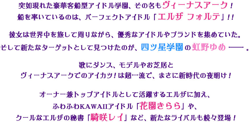 突如現れた豪華客船型アイドル学園、その名もヴィーナスアーク！船を率いているのは、パーフェクトアイドル「エルザ フォルテ」！！彼女は世界中を旅して周りながら、優秀なアイドルやブランドを集めていた。そして新たなターゲットとして見つけたのが、四ツ星学園の虹野ゆめー。歌にダンス、モデルやお芝居とヴィーナスアークでのアイカツ！は超一流で、まさに新時代の夜明け！オーナー兼トップアイドルとして活躍するエルザに加え、ふわふわKAWAIIアイドル「花園きらら」や、クールなエルザの秘書「騎咲レイ」など、新たなライバルも続々登場！